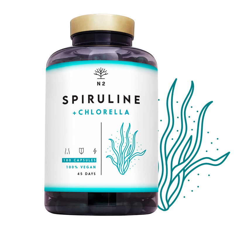 Chlorella Spirulina Tablets 1250mg Powerful Antioxidant,Helps Immune System,Reduces Fatigue.Provides Iron, Eliminates Heavy Metals.180 Vegetable Capsules.1250mg.UK Vegan Certified.N2 Natural Nutrition - BeesActive Australia