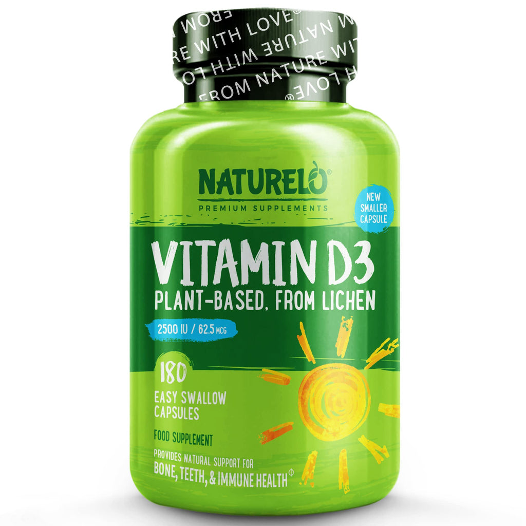 NATURELO Vitamin D3 (62.5mcg / 2500 IU) - from Lichen - Plant-Based & Sustainable - Bio-Active Colecalciferol - Bone and Immune Health - 180 Small Vegan Capsules | 6 Month Supply 180 Count (Pack of 1) - BeesActive Australia