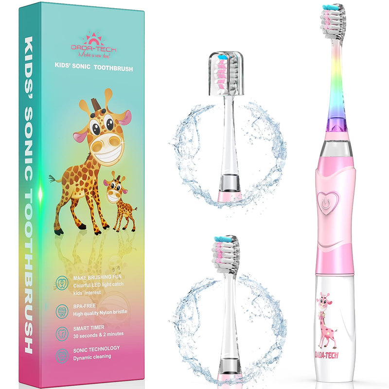 Dada-Tech Kids Electric Toothbrush, Sonic Childrens Battery Powered Soft Tooth Brush with Timer for Junior Boys and Girls Ages 2+, Rainbow Flashing LED Light, Waterproof, 3 Brush Heads (Pink) Pink - BeesActive Australia