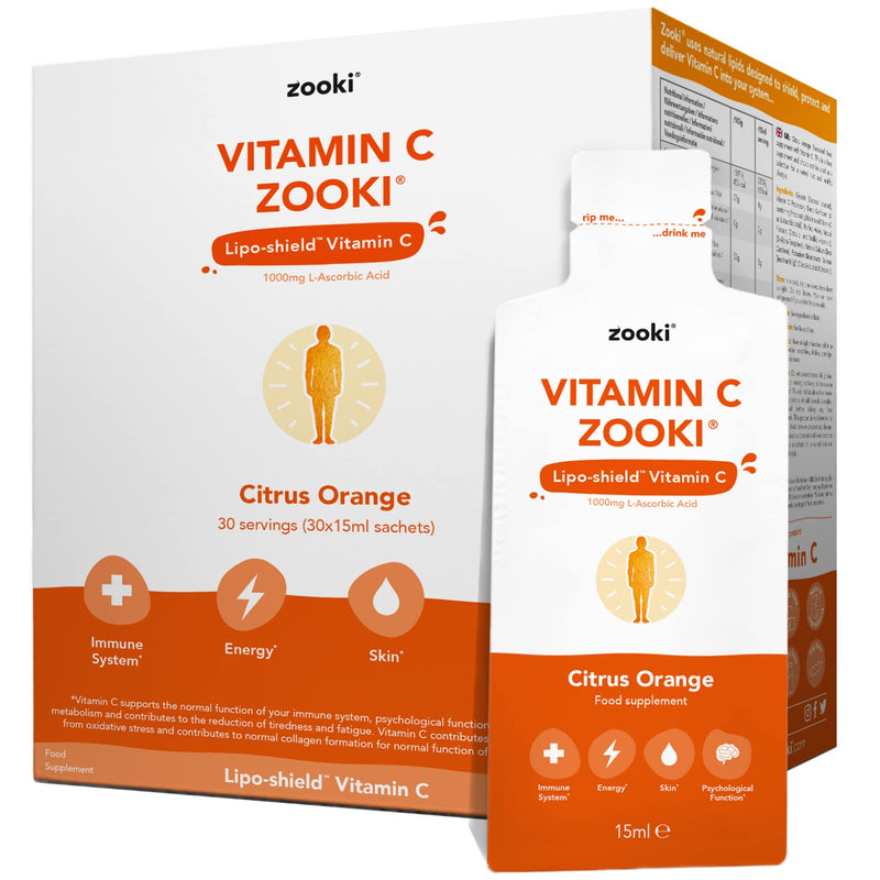 YourZooki - Vitamin C Zooki - Vitamin C 1000mg Liquid Sachets - Alchohol Free, Vegan, Soy Free, Natural Ingredients - Immune System, Skin & Energy Support (Citrus Orange, 30 Count (Pack of 1)) Citrus Orange 30 Servings (Pack of 1) - BeesActive Australia