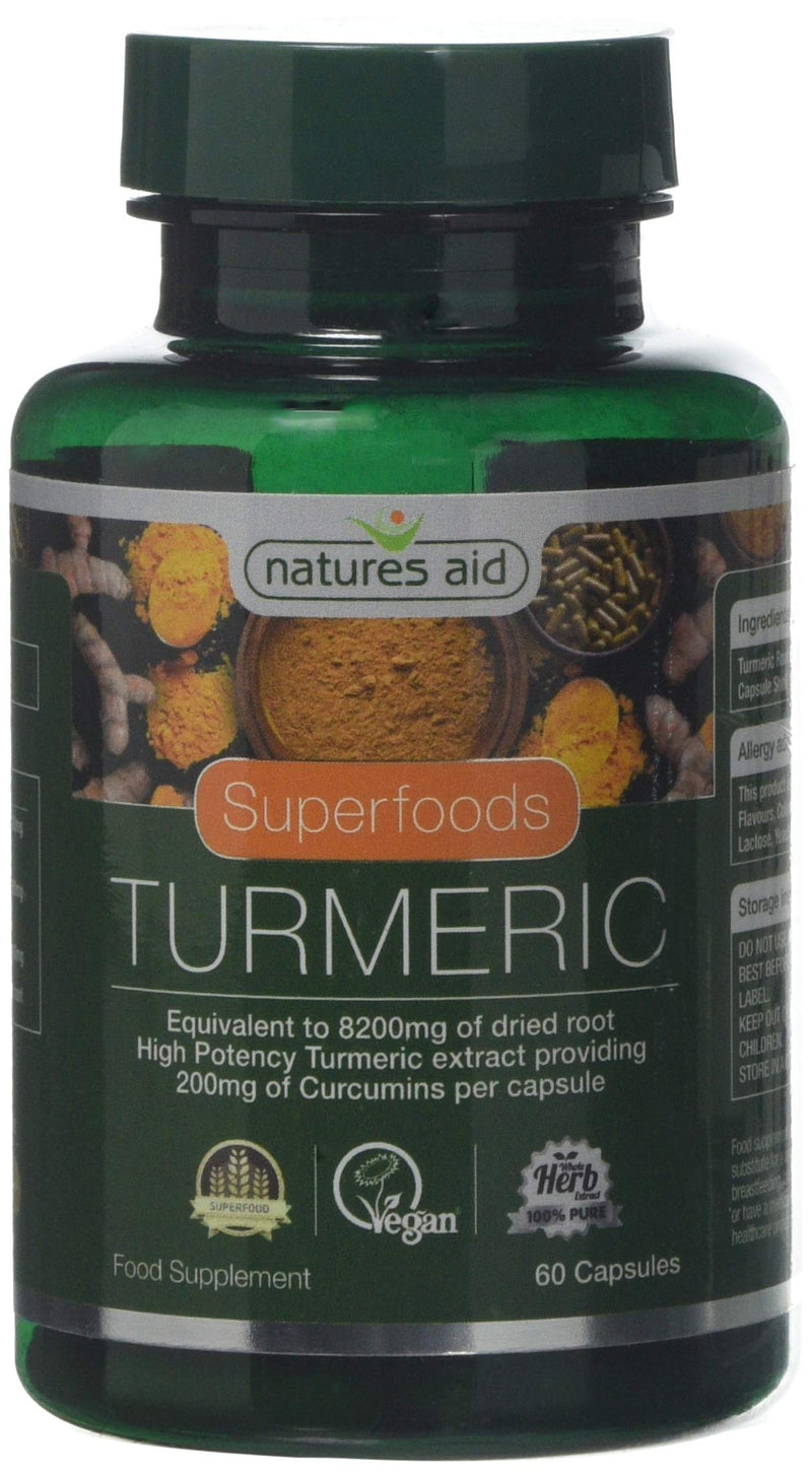 Natures Aid Turmeric 8200 mg, High Potency Extract plus Whole Herb, 200mg Curcumins, Vegan, 60 Capsules 60 Count (Pack of 1) - BeesActive Australia