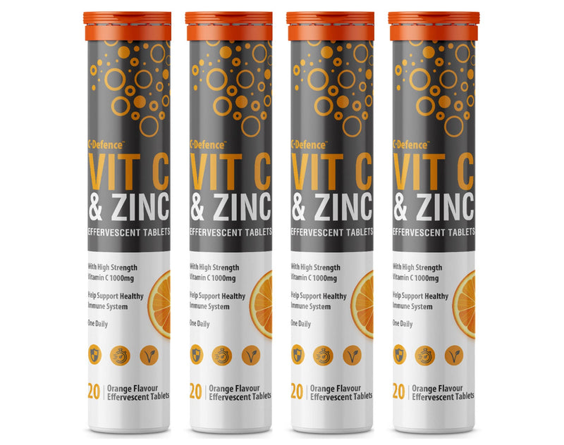 Vitamin C 1000mg & Zinc 15mg Orange Flavour Effervescent Tablets by Club Vits (4 Tubes of 20 Tablets) 20 Count (Pack of 4) - BeesActive Australia
