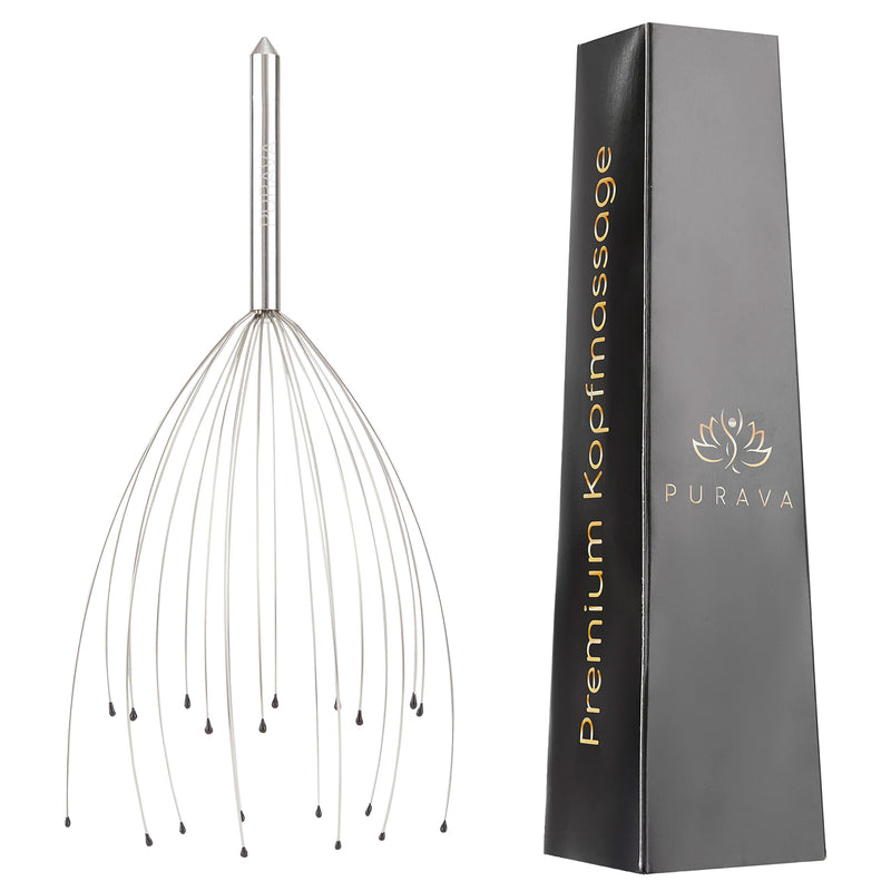 PURAVA (Original) - Premium Head Massager with Metal Handle and Improved Design - Scalp Scratcher Massage with 20 Fingers for Relaxation and Scalp Stimulation - Head Massager Tool Ideal as a Gift Pack of 1 Silver - BeesActive Australia