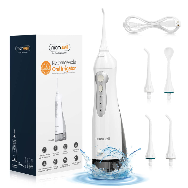 Water Flosser for Teeth,Mornwell Portable Oral Irrigator Water Dental Flosser IPX7 Waterproof 330ML 3 Modes 4 Jet Tips Deep Clean Helps Whiten Teeth, USB Rechargeable for Travel with FDA Approved White - BeesActive Australia
