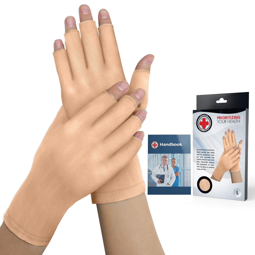 Doctor Developed Nude Arthritis Gloves/Compression Gloves and DOCTOR WRITTEN HANDBOOK - Relief for Joint Disease (osteo/rheumatoid), Raynauds Disease & Carpal Tunnel (Open-fingertips, Small) Open-Fingertips S - BeesActive Australia