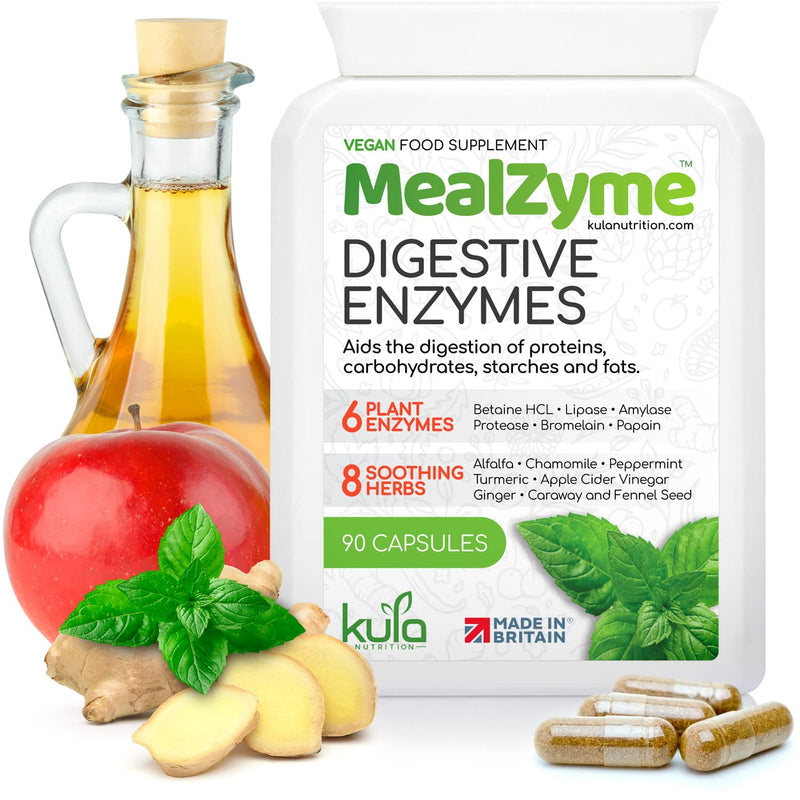 MealZyme - Digestive Enzyme Supplements - 6 Vegan Plant Based Complex with Bromelain, Betain HCL, Amylase, Protease, Lipase, Papain and Peppermint for Indigestion and Bloating Relief - 90 Capsules 90 Count (Pack of 1) - BeesActive Australia