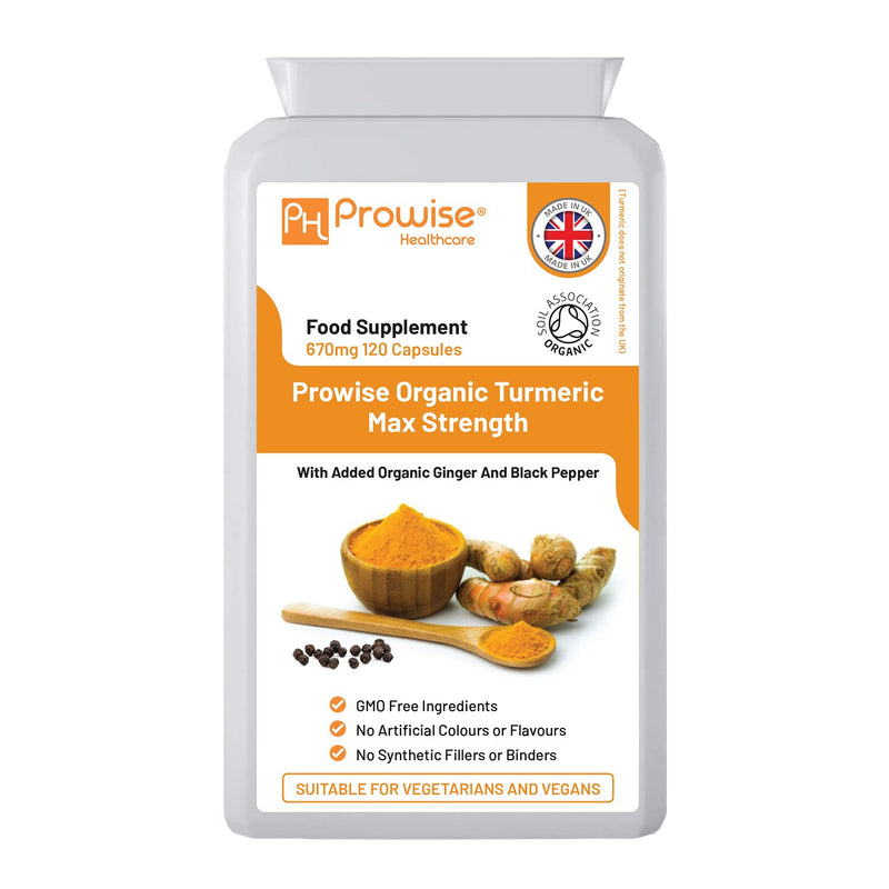 Organic Turmeric Curcumin 670mg - 120 Capsules | Organic Turmeric and Black Pepper Capsules High Strength | Vegan & Vegetarian Turmeric Supplements | Certified Organic by Soil Association | Prowise UK 120 Count (Pack of 1) - BeesActive Australia