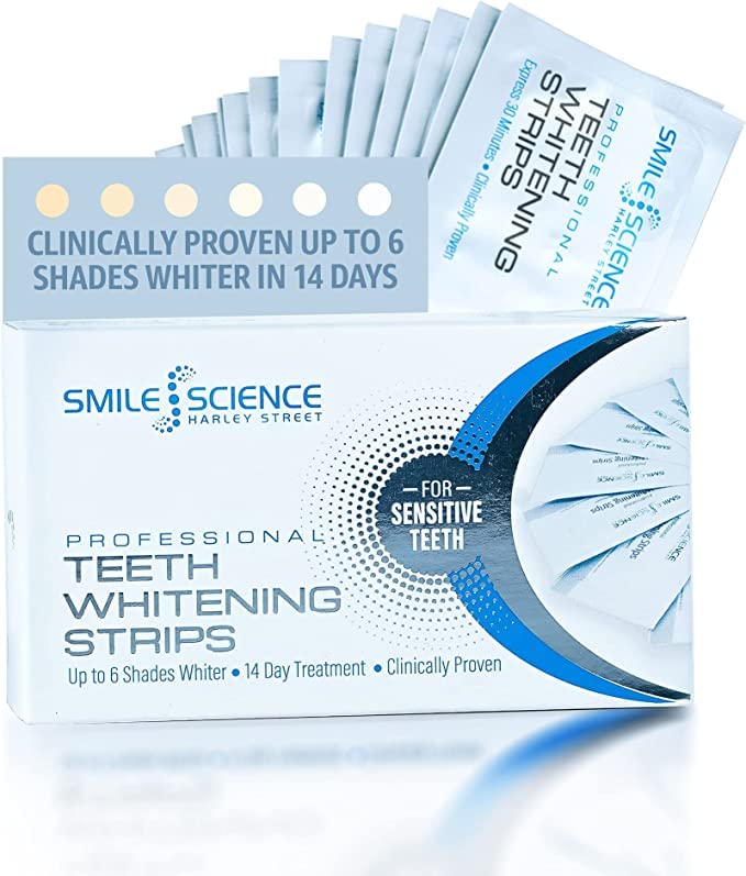 Smile Science Harley Street - Professional Teeth Whitening Strips - 28 Strips - Up to 6 Shades Whiter in 14 Days - 100% Enamel Safe - Vegan - Stain Remover for Teeth - Clinically Proven - BeesActive Australia