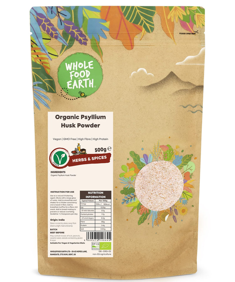Wholefood Earth Organic Psyllium Husk Powder 500g Vegan | GMO Free | High Fibre | High Protein | Certified Organic Natural 500 g (Pack of 1) - BeesActive Australia