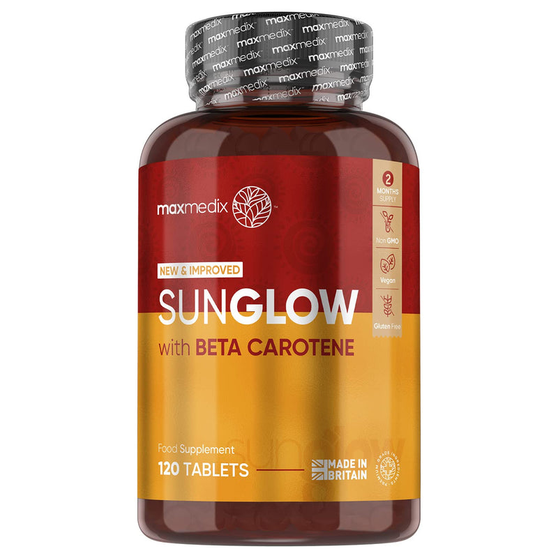 Sunglow Tanning Tablets - 120 Vegan Tablets (2 Months Supply) - with Beta Carotene, Vitamin B3, Zinc, Copper, Vitamin B2 & Iodine - Natural & Safe Tanning Process - Gluten & GMO-Free - Britain Made - BeesActive Australia