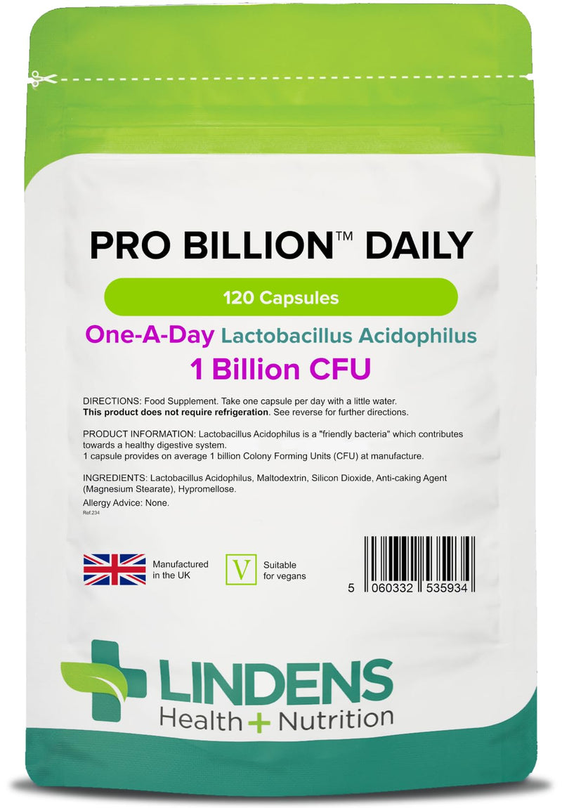 Lindens Pro Billion Daily 120 Pack - Acidophilus Lactobacillus Capsules - 1 Billion CFU - Friendly Bacteria to Support Digestive Health - Suitable for Vegans - Made in the UK and Letterbox Friendly - BeesActive Australia