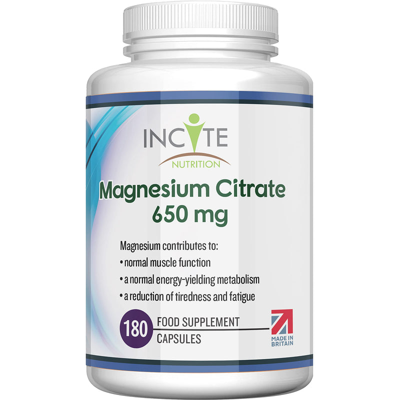 Magnesium Citrate Supplement 650mg | 180 Premium Vegan Capsules not Tablets (6 Month�s Supply) | High Strength Magnesium Citrate | Suitable for Vegetarian | Made in The UK by Incite Nutrition� - BeesActive Australia