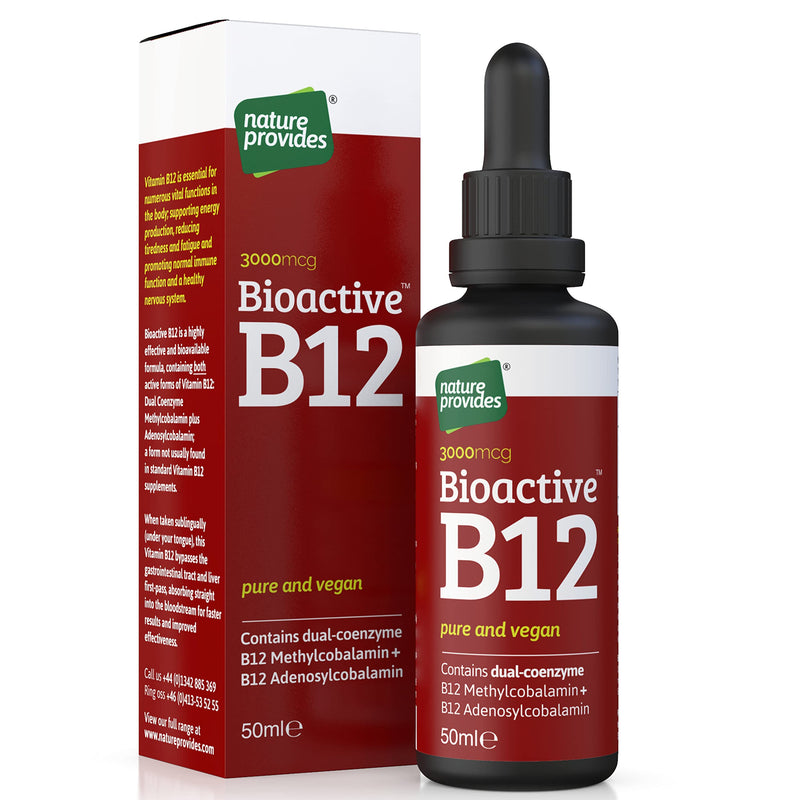 Nature Provides Vitamin B12 Liquid Drops 3000 mcg Methylcobalamin + Adenosylcobalamin (50ml) High Strength Bioactive Vegan Energy & Sleep Sublingual. Like B12 injections. Made in The UK. - BeesActive Australia