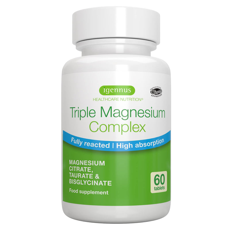 Triple Magnesium Complex, 2000mg Magnesium Glycinate, Magnesium Citrate & Magnesium Taurate, Chelated Magnesium Supplements, 262mg Elemental Magnesium Tablets, Vegan, 30 Servings, by Igennus 60 Count (Pack of 1) - BeesActive Australia