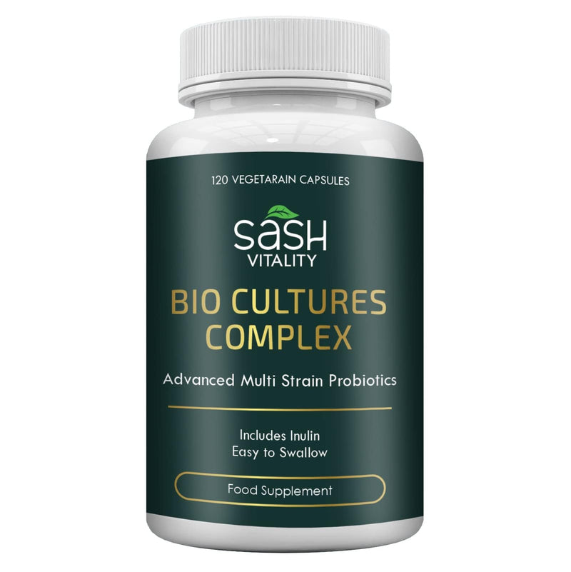 Bio-Cultures Complex Probiotics for Adults - 120 Vegetarian Capsules - Advanced Multi-Strain - Prebiotic Inulin - Active Strains Lactobacillus Acidophilus & Bifidobacterium - UK Made Sash Vitality - BeesActive Australia