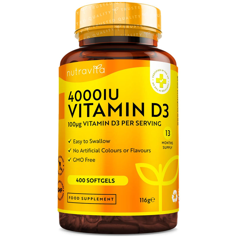 Vitamin D3 4000 iu - 400 High Strength Easy to Swallow Premium Softgels - Over A Year's Supply (One a Day) - Max Strength Vitamin D3 Cholecalciferol Supplement - Manufactured in The UK by Nutravita - BeesActive Australia