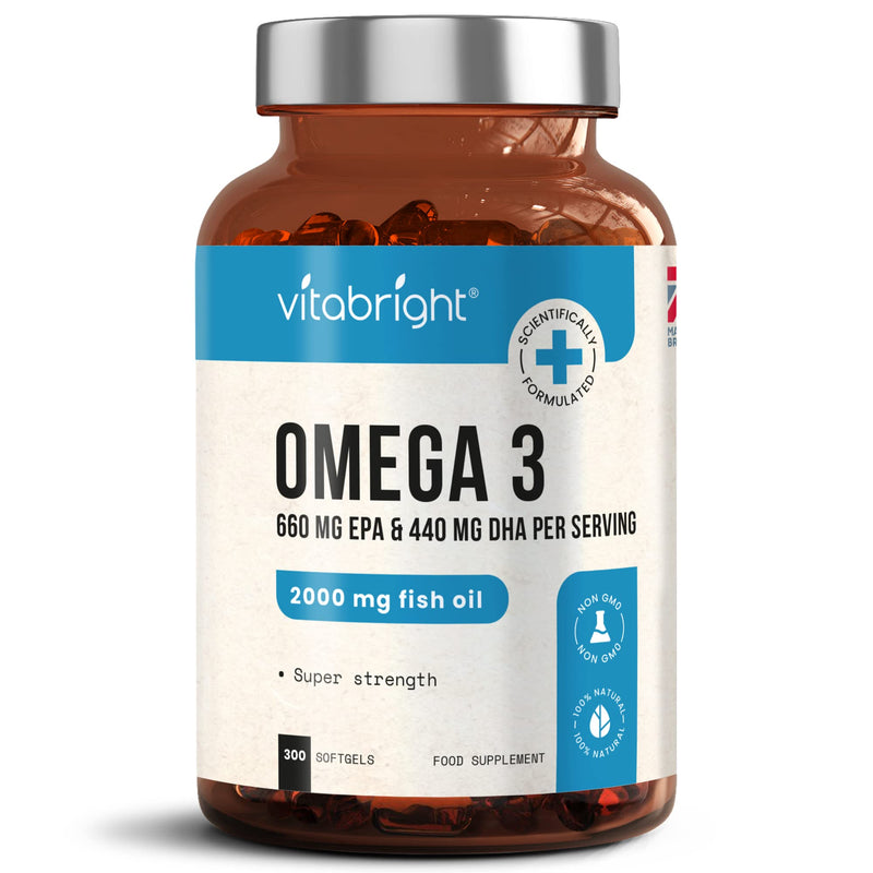 Omega 3 Pure Fish Oil 2000mg - 300 Softgel Capsules (5 Months Supply) - 660mg EPA & 440mg DHA per Serving - Supports Brain, Heart Function and Eye Health - Made in The UK by VitaBright - BeesActive Australia