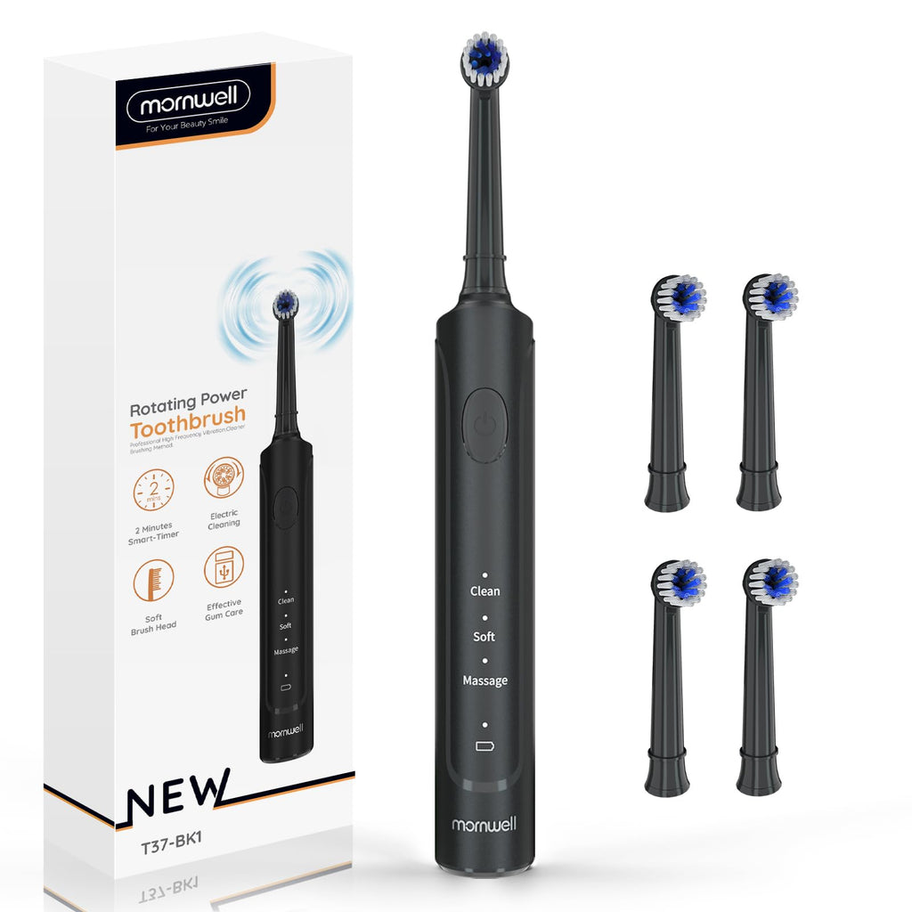 Mornwell Electric Toothbrush USB Fast Charging 3 Modes Rotary Toothbrushes Rechargeable Spin Toothbrushes with 4 Round Brush Heads for Adults & Kids Over 8 Years Old (T37 Model) Black - BeesActive Australia