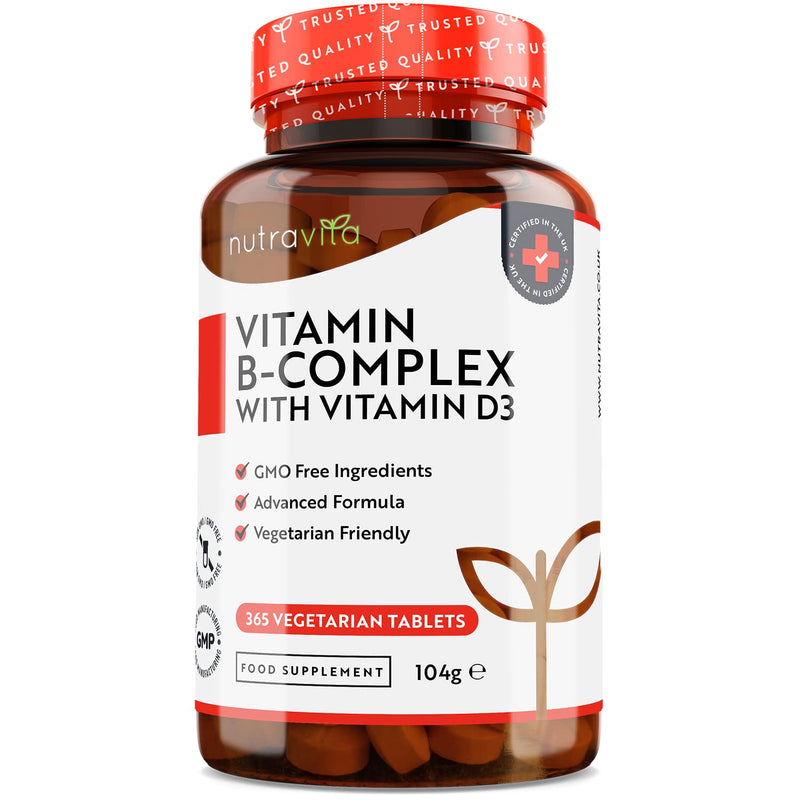Vitamin B Complex High Potency - 1 Full Year Supply - 8 Vitamins B1-B2-B3-B5-B6-B12, Biotin, Folic Acid & VIT D3 in 1 High Strength Micro Tablet - Reduction of Tiredness - Made in The UK by Nutravita - BeesActive Australia