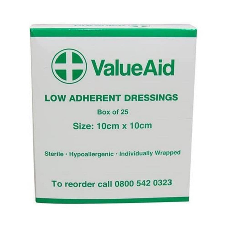 Value Aid Low Adherent Dressing Pads - 10cm x 10cm - Box of 25 Single 10x10 cm (Pack of 25) - BeesActive Australia