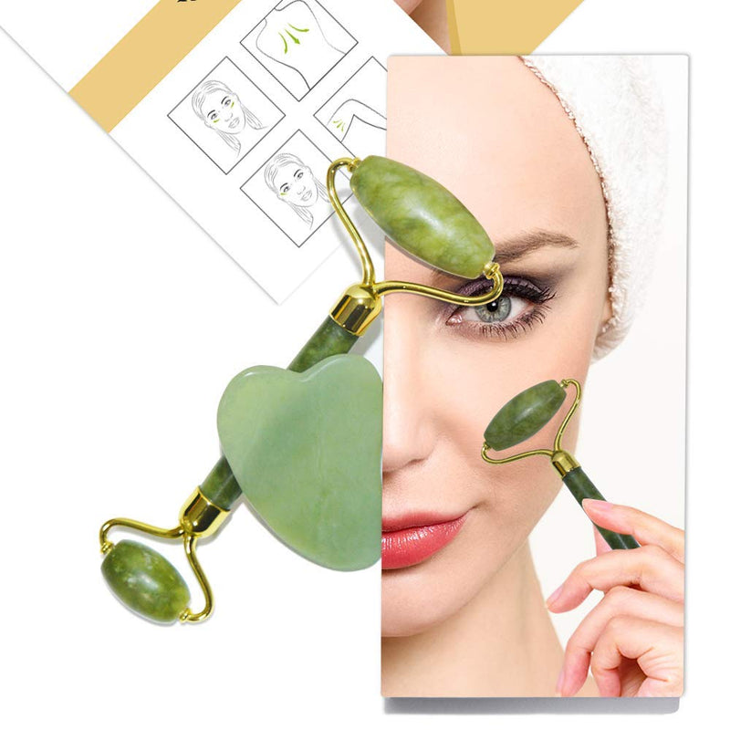 Jade Roller Gift Set for Face, Anti Aging Face Roller Massager, 100% Natural Facial Skin Massager with Gua Sha Set, Double Chin Reducer, Cheeks Slimmer, Skin Tightener for Combination Eye Treatments. - BeesActive Australia