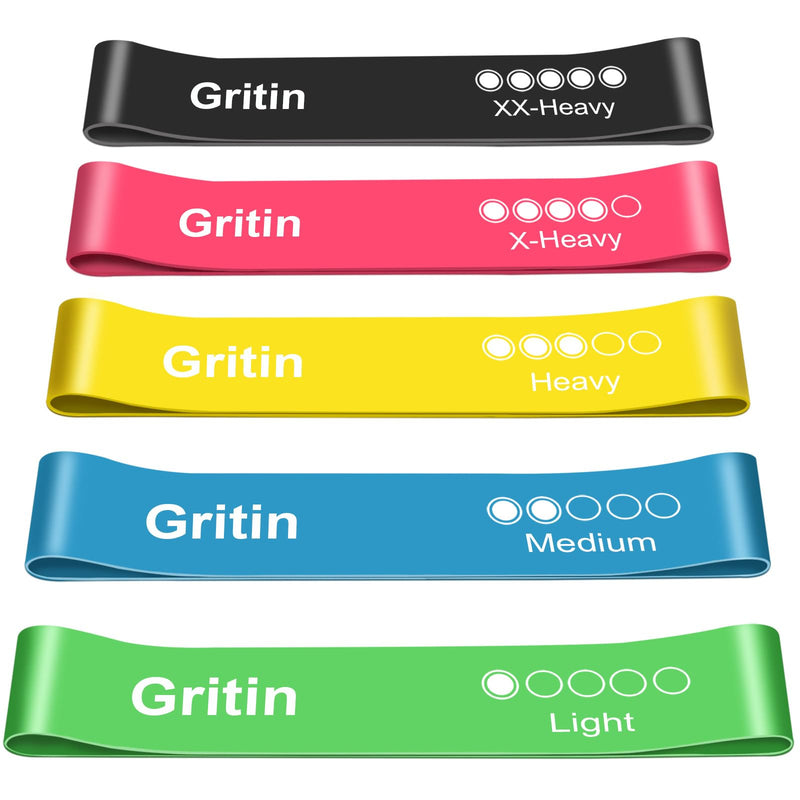 Gritin Resistance Bands, [Set of 5] Skin-Friendly Resistance Fitness Exercise Loop Bands with 5 Different Resistance Levels - Carrying Case Included - Ideal for Home, Gym, Yoga, Training Green - Blue- Yellow - Red - Black - BeesActive Australia