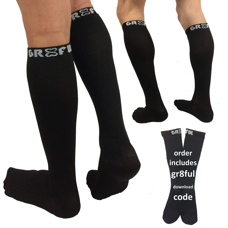 gr8ful® Compression Socks for Men & Women | Fab for Running, Calf Injury, Shin Splints, Achilles Tendonitis, Travel & Pregnancy | Reduce Swelling + Pain, Aid Recovery. Black, 15-20mmhg, 1 Pair L/XL 1 Pair - L/XL - BeesActive Australia