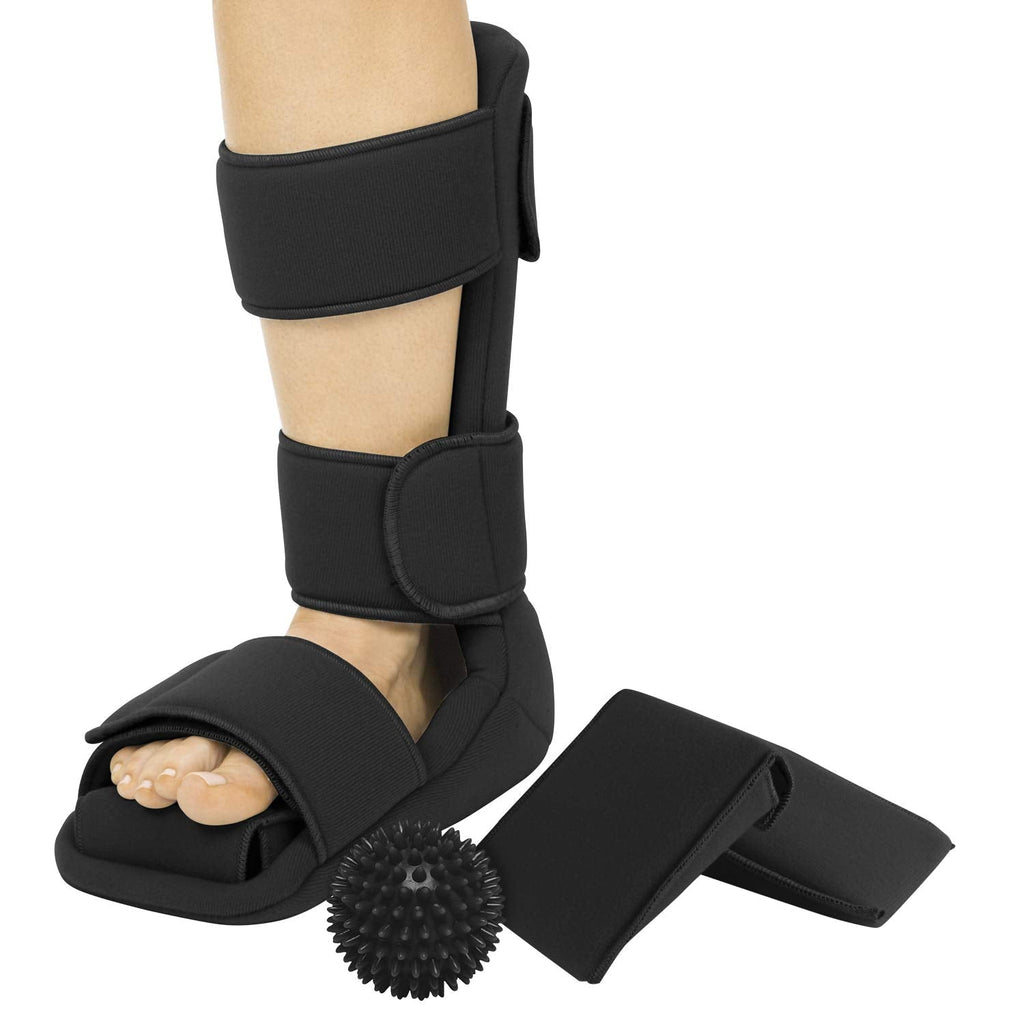 Vive Plantar Fasciitis Night Splint Plus Trigger Point Spike Ball - Soft Leg Brace Support, Orthopedic Sleeping Immobilizer Stretch Boot - Heel Spur, Foot Pain, Achilles Inflammation, Soreness Relief Black Small - BeesActive Australia