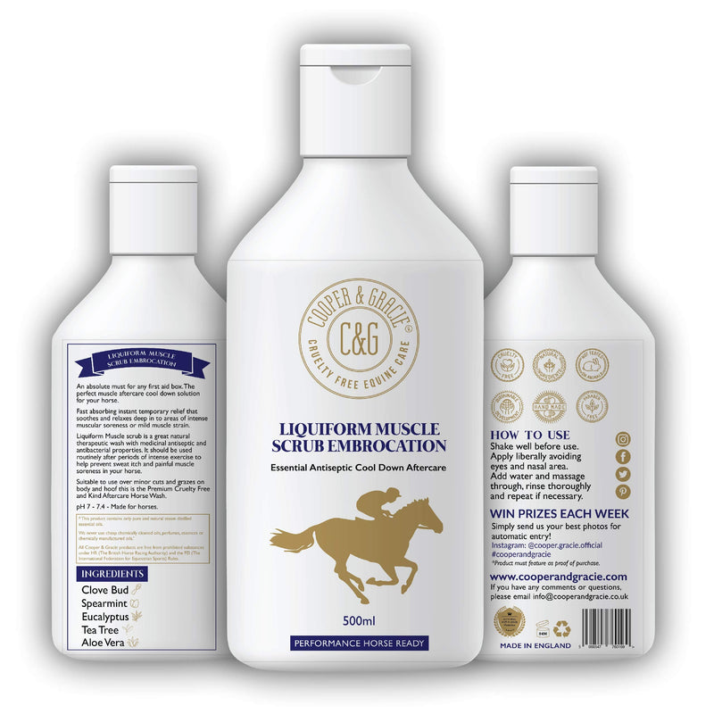 C&G Pets Horse Liquiform Muscle Scrub Embrocation 500ml – Natural Therapeutic Wash with Antiseptic & Antibacterial Properties by Cooper and Gracie | Fast-Absorbing Relief, Prevents Sweat Itch 500 ML
