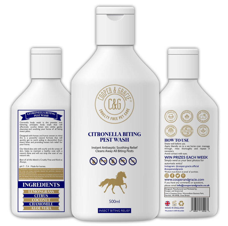 Horse Citronella Biting Pest Wash 500ml – Powerful Organic Shampoo by Cooper and Gracie | Antiseptic Soothing Relief, Cleans Biting Pests | Low-Lathering, 100% Natural 500 ml (Pack of 1)