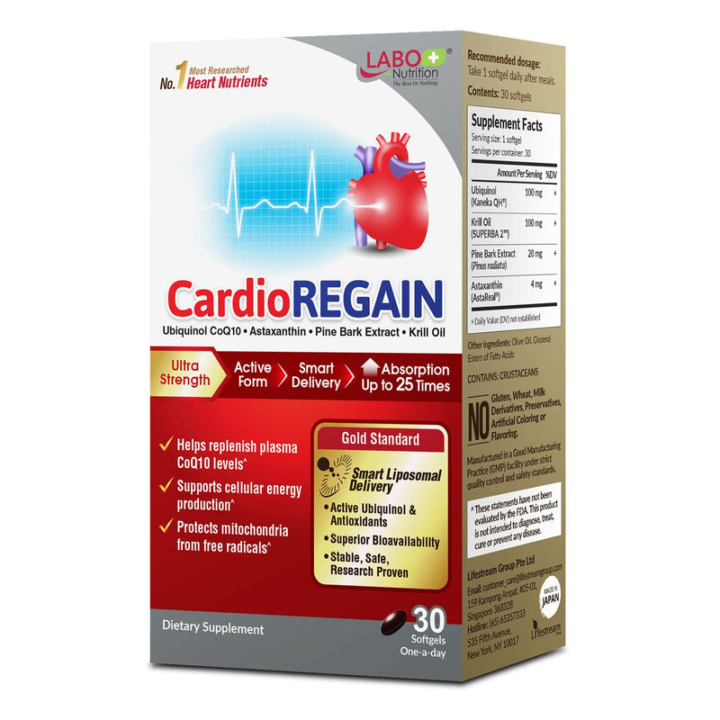 LABO Nutrition CardioREGAIN, Ubiquinol CoQ10 with Kaneka QH 100mg, Pine Bark Extract, Astaxanthin, Heart Health & Cellular Energy. Up to 25x Higher Absorption with Smart Liposomal Delivery, Soy Free - BeesActive Australia