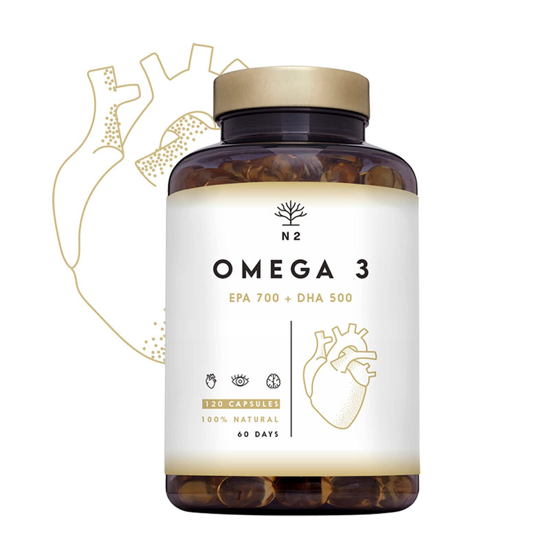 Omega 3 Fish Oil 2000mg Capsules. Super Strength | 700mg EPA + 500mg DHA per Daily Serving | Supports Normal Heart, Brain & Vision Function. Heavy Metal Free. 120 Softgel | N2 Natural Nutrition - BeesActive Australia