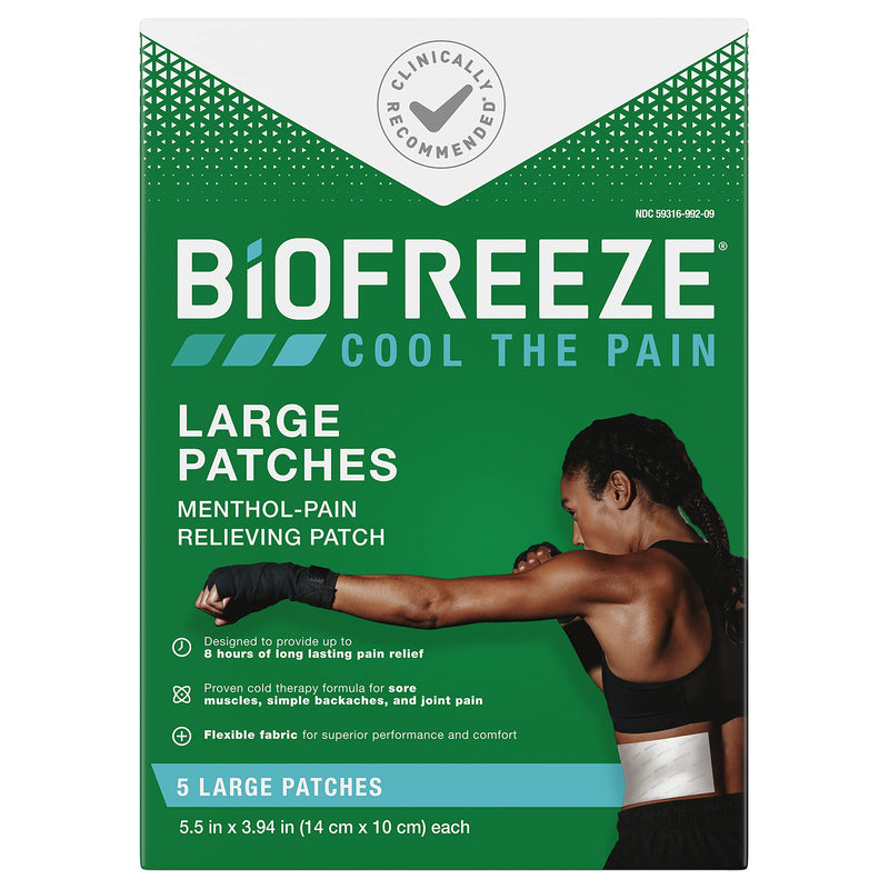 Biofreeze Menthol Pain Relieving Patches (5 Patches Per Box) Up To 8 Hours Of Pain Relief From Sore Muscles, Arthritis, Backaches, Spains, Bruises, Strains And Joint Pain (Package May Vary) 5 Patches (Pack of 1) - BeesActive Australia