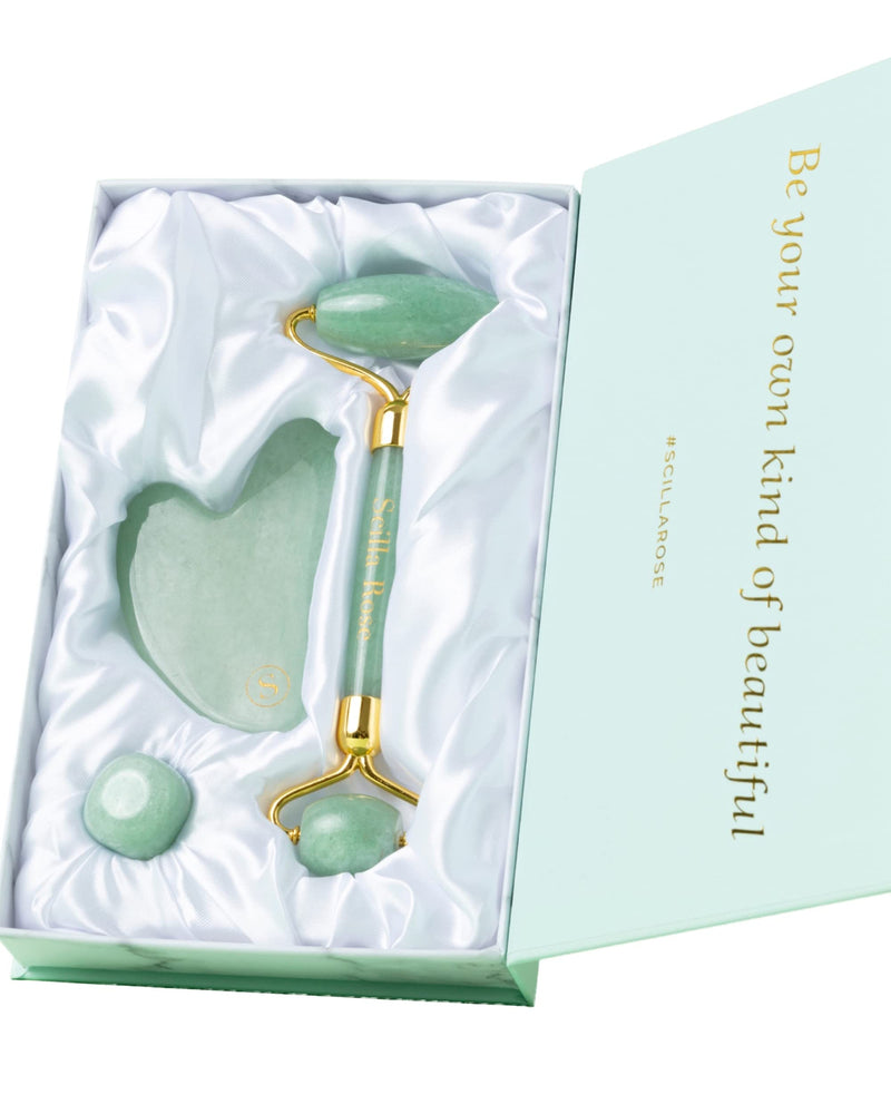 Jade Roller and Gua Sha Facial Massage Valentine's Gift Set for Women - Face Roller and Guasha Stone, Lymphatic Drainage Massager, Superior and Natural, Anti-Ageing Skincare Tools Stunning Jade Set - BeesActive Australia