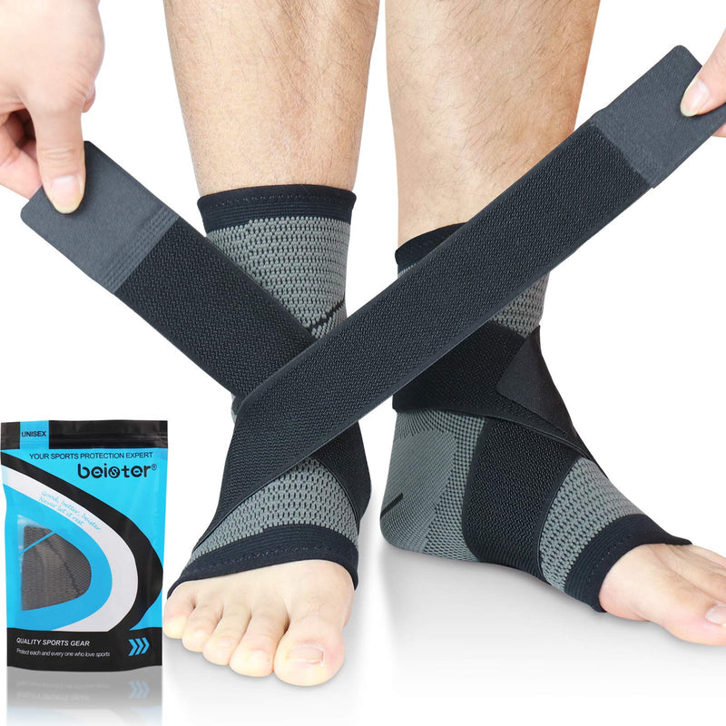Beister 1 Pair Ankle Brace Compression Support Sleeve for Women and Men, Elastic Sprain Plantar Fasciitis Foot Socks for Injury Recovery, Joint Pain, Achilles Tendon, Heel Spurs XL (Pack of 2) Gray & Black - BeesActive Australia