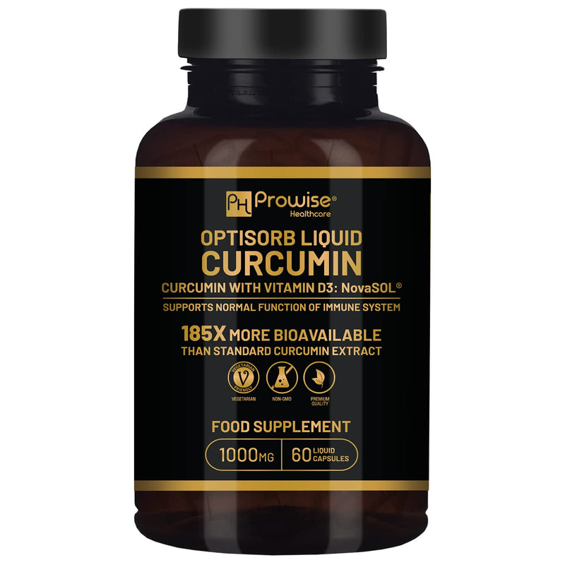 Optisorb Liquid Curcumin with Vitamin D - 60 Liqcaps | 185x Turmeric & Curcumin Bioavailability - Ultra Bioavailable | Liquid Capsules with 500mg NovaSOL� per Capsule - UK Manufactured - BeesActive Australia