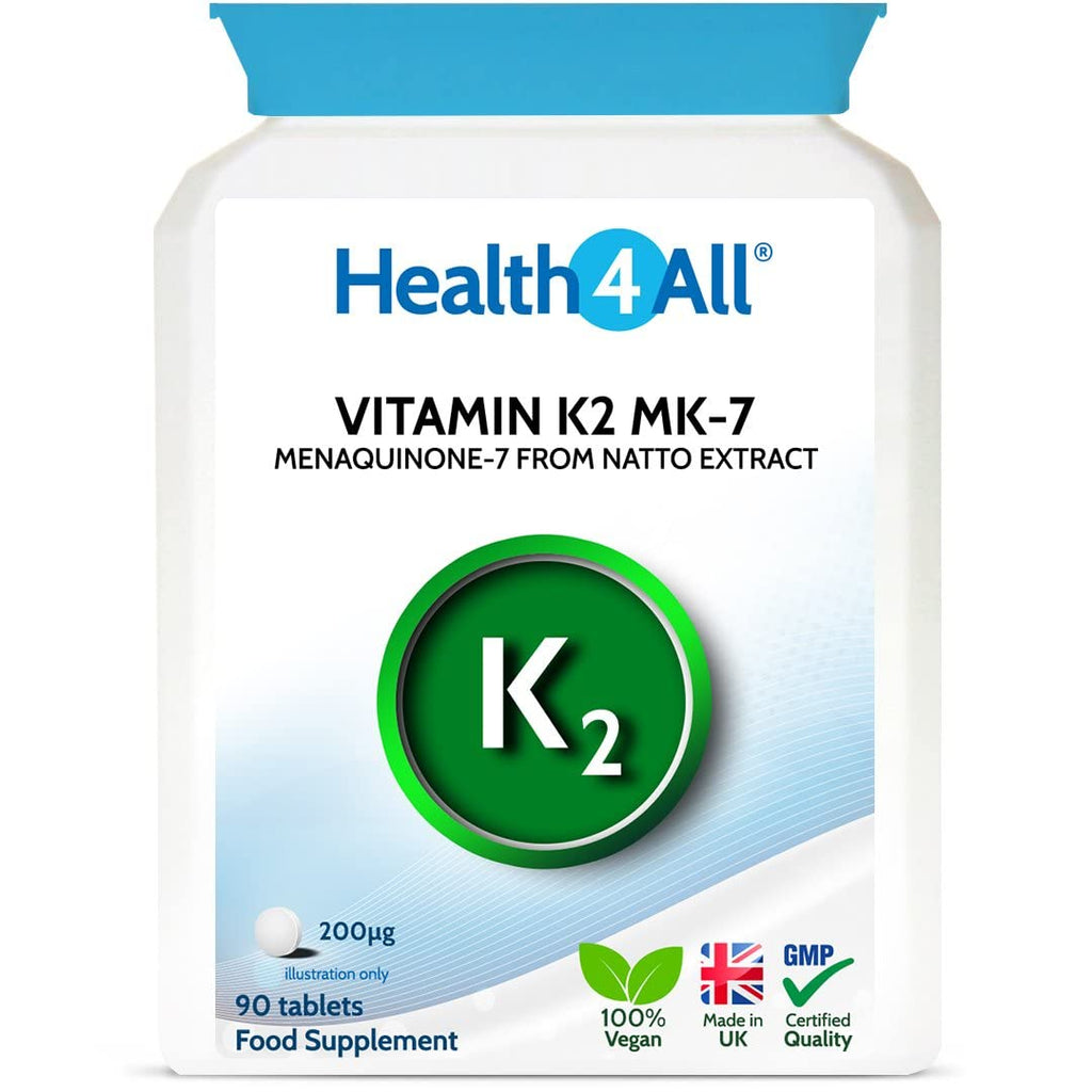 Health4All Vitamin K2 MK7 200mcg 90 Tablets (V) Natural Vegan MK7 from Natto Beans Fermentation. High Strength k2mk7 Tablets (not Capsules) K2 Vitamin Supplements. VIT K2 mk7 90 Count (Pack of 1) - BeesActive Australia