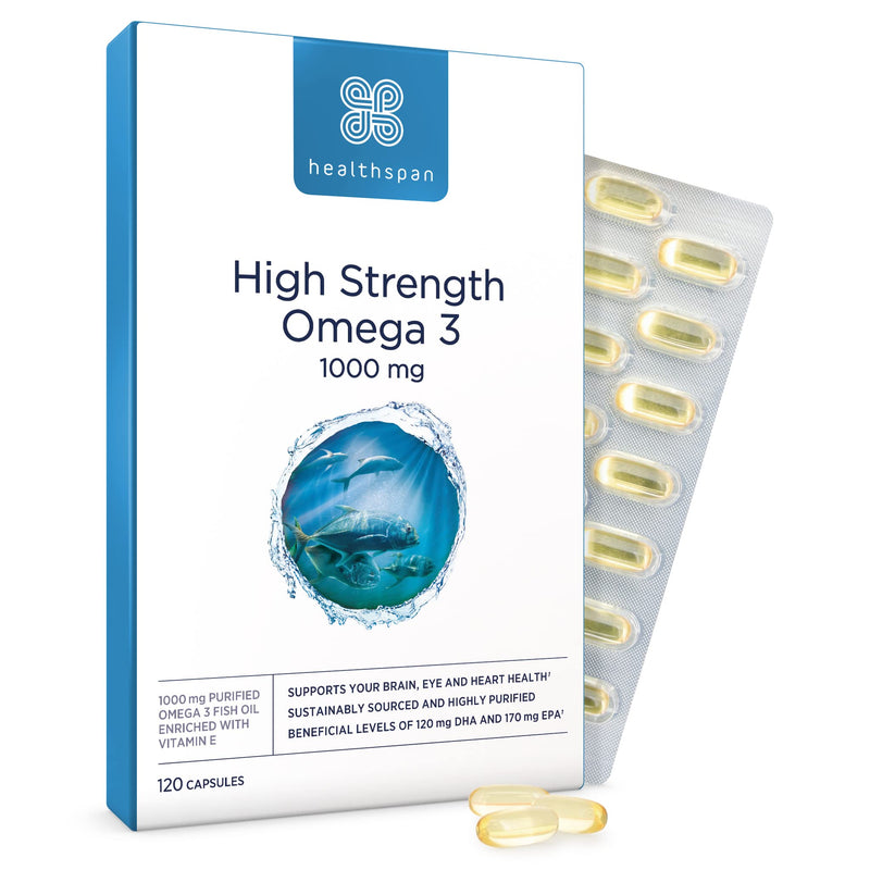 Healthspan High Strength Omega 3 1,000mg (120 Capsules) | Supports Brain, Eye & Heart Health | 120mg DHA & 170mg EPA Per Capsule | Highly Purified to Remove Toxins | Sustainably Sourced Fish Oil 120 Count (Pack of 1) - BeesActive Australia