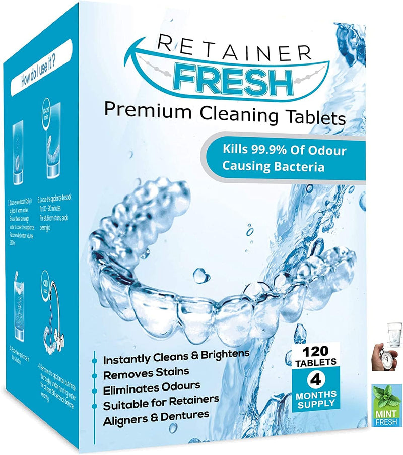 Retainer Cleaning Tablets - 120 Tablets 4 Months Supply Retainer Fresh, Brite, and Stain-Free - Retainer Cleaner Tablet, Mouth Guard, Dentures, Aligners 120 Count (Pack of 1) - BeesActive Australia