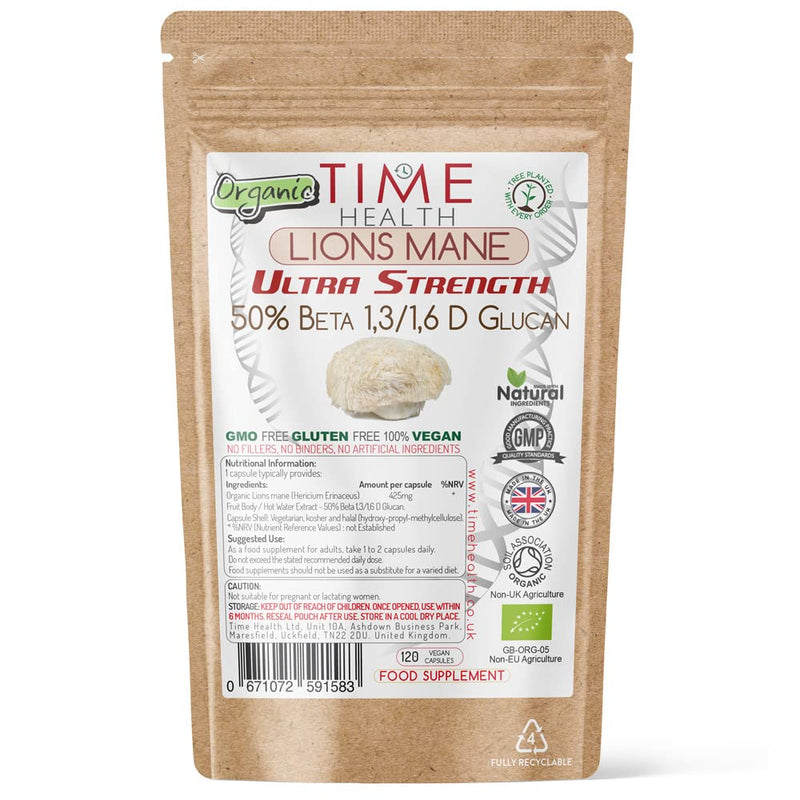 Lions Mane Organic - Ultra Strength 50% Beta 1,3/1,6 D Glucan, Pullulan (Hericium Erinaceus ?) (120 Capsule Pouch) 120 Count (Pack of 1) - BeesActive Australia