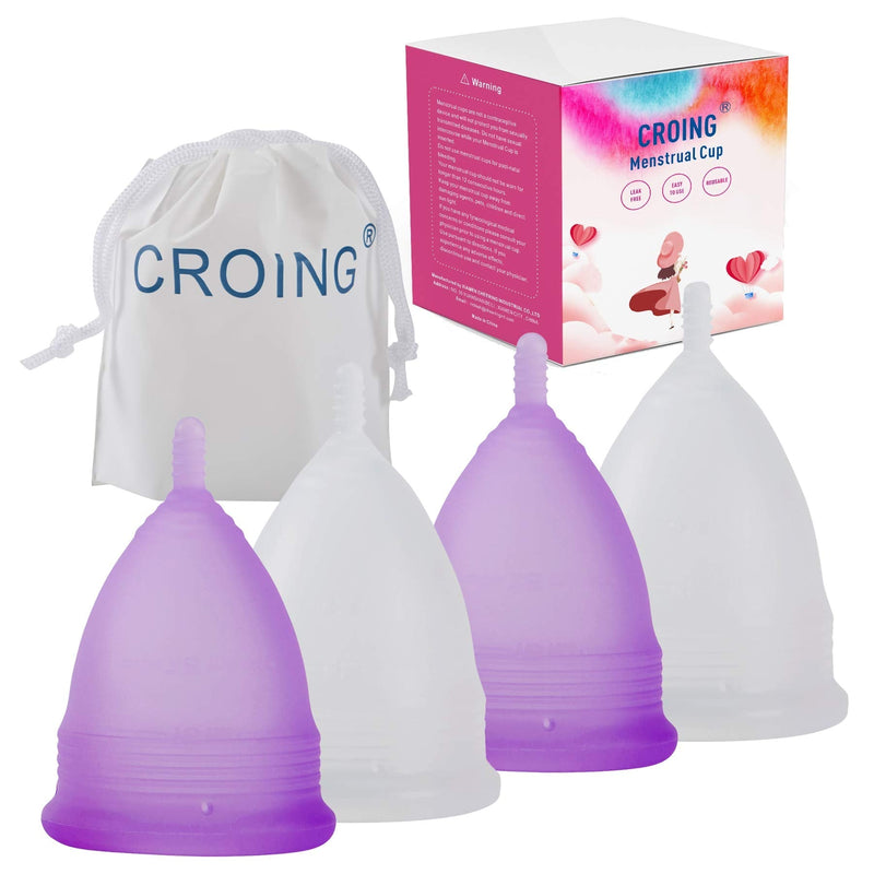 CROING 𝙈𝙚𝙣𝙨𝙩𝙧𝙪𝙖𝙡 𝘾𝙪𝙥 Reusable Menstrual Cups Set of 4, Period Cup, 2 pcs Small and 2 pcs Large ( Purple and White) - BeesActive Australia