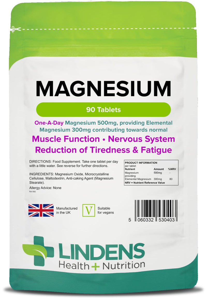 Lindens 500mg Magnesium Tablets | 90s 1-a-Day | Made in The UK | Tiredness, Muscle Function, Energy, Bones, Teeth, Nervous System | Letterbox Friendly | Vegan Unflavoured 90 Count (Pack of 1) - BeesActive Australia