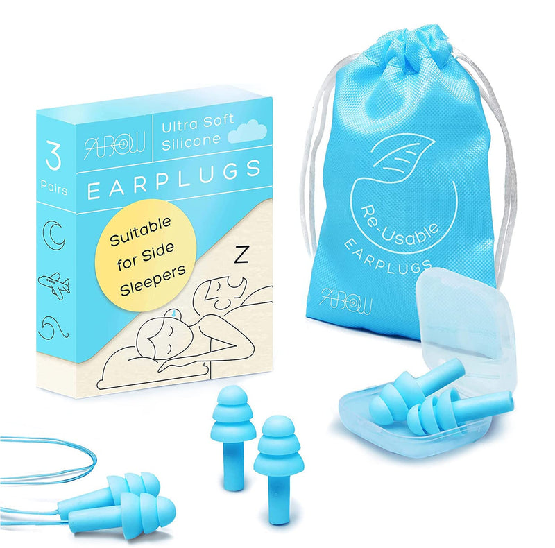 ANBOW Soft Reusable Silicone Noise Cancelling Ear Plugs for Sleeping. Silicone Ear Plugs for Sleep, Swimming, Concerts, Travel, Work, Snoring. Silicone Earplugs for noise Reduction. 3 Pairs + Case Light Blue - BeesActive Australia