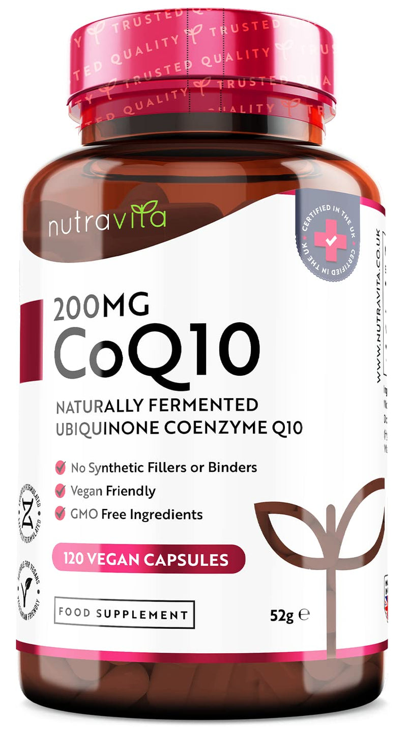 CoQ10 200mg - 120 Vegan Capsules of High Strength Co Enzyme Q10 (4 Months Supply) - 100% Pure and Naturally Fermented Ubiquinone Coenzyme - No Synthetic Additives - Made in The UK by Nutravita 120 Count (Pack of 1) - BeesActive Australia