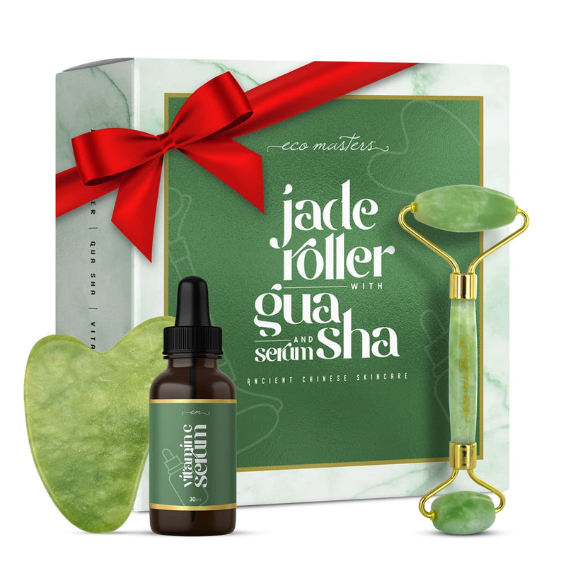 100% Real Jade Roller and Gua Sha Set - With Vitamin C Serum - Face Massager & Neck Massager � Anti-Ageing SkinCare Set for Eyes, Neck, Face Care � Jade Roller and Gua Sha Gift Set -For All Skin Types - BeesActive Australia