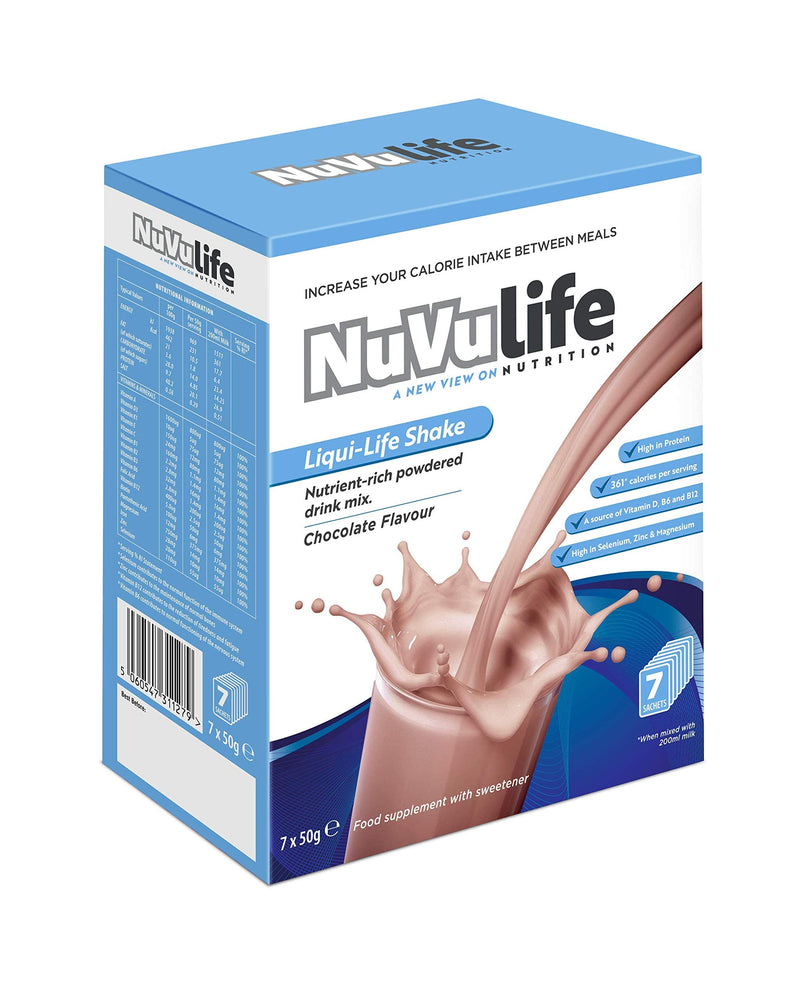 NuVu Life, Liquid-Life Shake. High Calorie, High Protein, Nutrient Rich Powdered Drink Mix for Weight Gain or Meal Replacement (Chocolate, 7 Sachets) Chocolate - BeesActive Australia