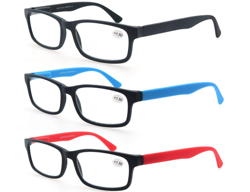 MODFANS Reading Glasses 1.25 Men Women 3 Pack,Rectangular Clear Lens Comfort Spring Hinge Eyeglasses,Stylish Lightweight Plastic Readers with Pouch Black-Blue-Red +1.25 Black-red-blue - BeesActive Australia