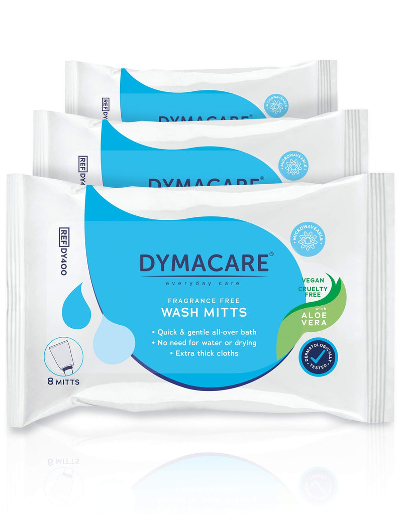 DYMACARE Fragrance-Free Wash Mitts | Rinse Free Microwaveable Adult Bed Bath Wet Wash Gloves | with Aloe Vera | Latex, Lanolin and Alcohol Free (3 Packs (24 Mitts in Total)) 3 Packs (24 mitts in total) - BeesActive Australia