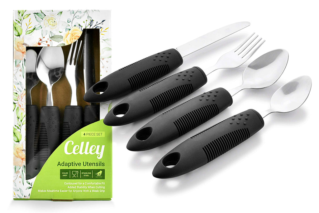 Celley Adaptive Utensils for Elderly, Arthritis, Parkinsons and Handicapped, Non-Weighted, 4 Pcs Set - BeesActive Australia