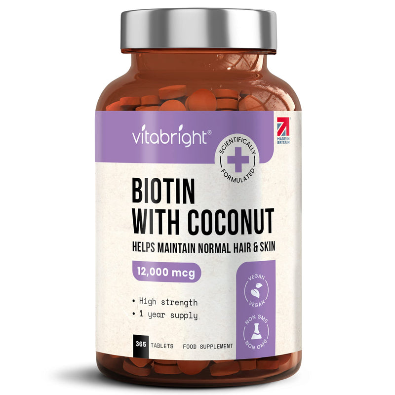 Biotin for Hair Growth, Skin and Nails - 12,000mcg High Strength - 365 Tablets (1 Year Supply) - Enriched with Coconut Oil Powder - Natural D-Biotin (Biologically Active) - Made in UK by VitaBright - BeesActive Australia